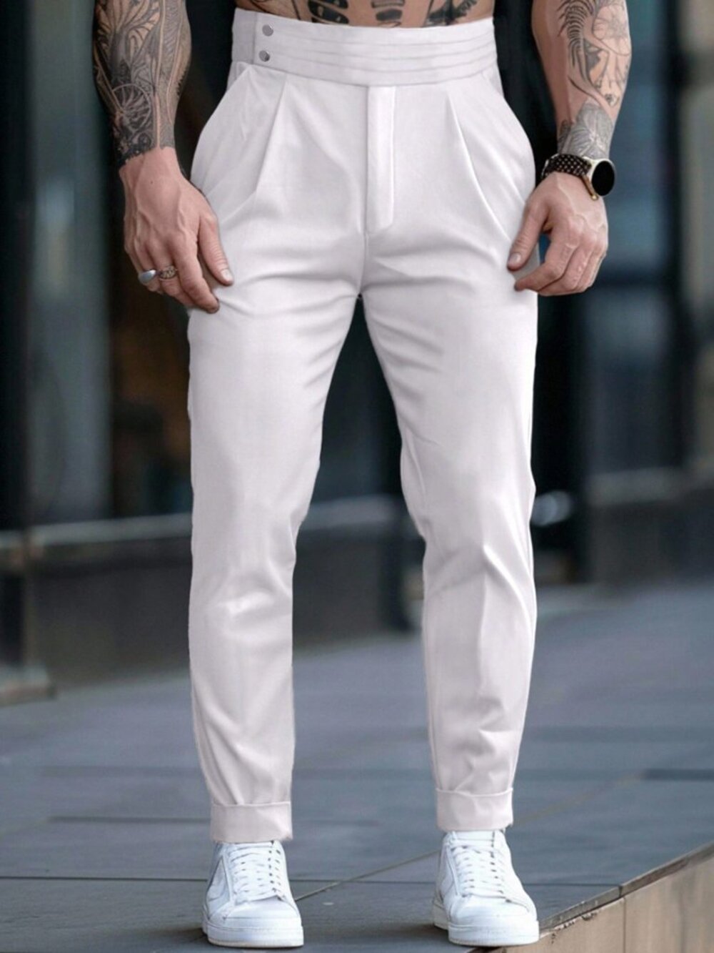 White High Waisted Men's Plain Regular Fit Zipper Fly Tailored Trousers